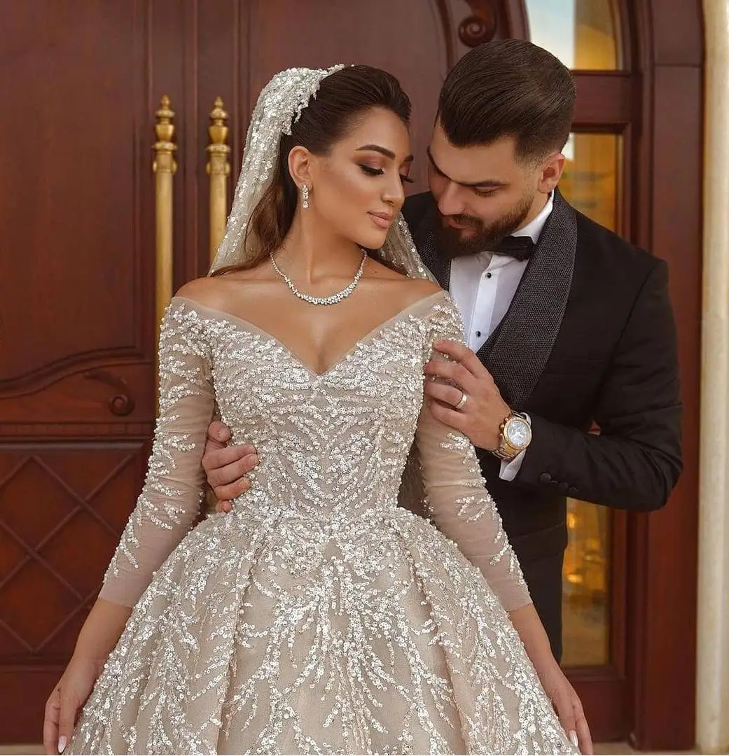 Wedding Dresses Modern Off Shoulder Bridal Gowns Sequins Pearls Long Sleeves Customized Princess Bride Dress Vestidos De Novia
