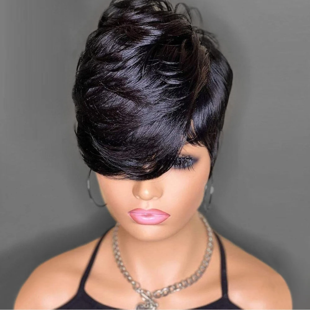 ショートピクシーカットウィッグ人毛ウィッグ女性用ウィッグ前髪付きレイヤードウェーブのかかったフルマシンメイドウィッグ