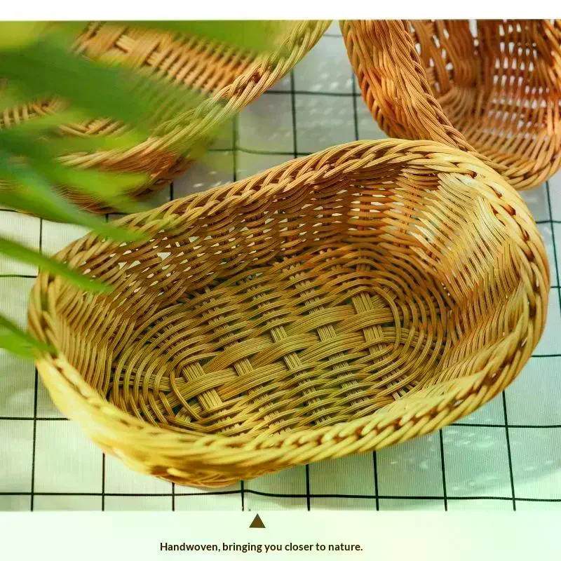 Handwoven Plastic Rattan Basket Breathable Multifunctional Food Container for Kitchen Bread Fruits Snacks Home