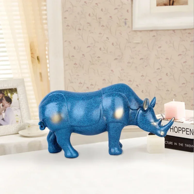 

New blue rhino statue, resin modern art sculpture, European home living room decoration, attic office decoration figurine