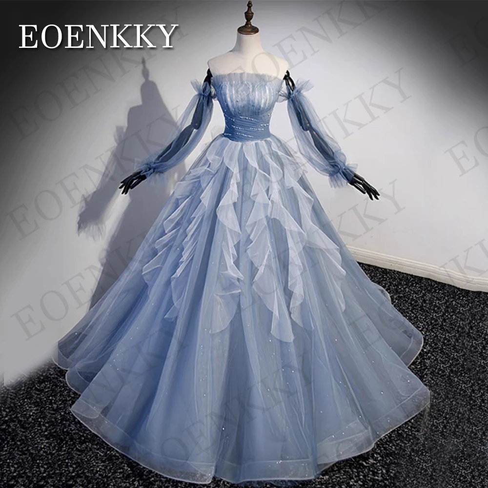 Blue Strapless Prom Dresses Korea Destacável Puff Sleeves Pérolas Fairy Ruffles A Line Long Evening Party Occasion Vestidos Vestidos de baile sem alças azuis Coreia  Vestidos de Baile com mangas bufantes removíveis e p