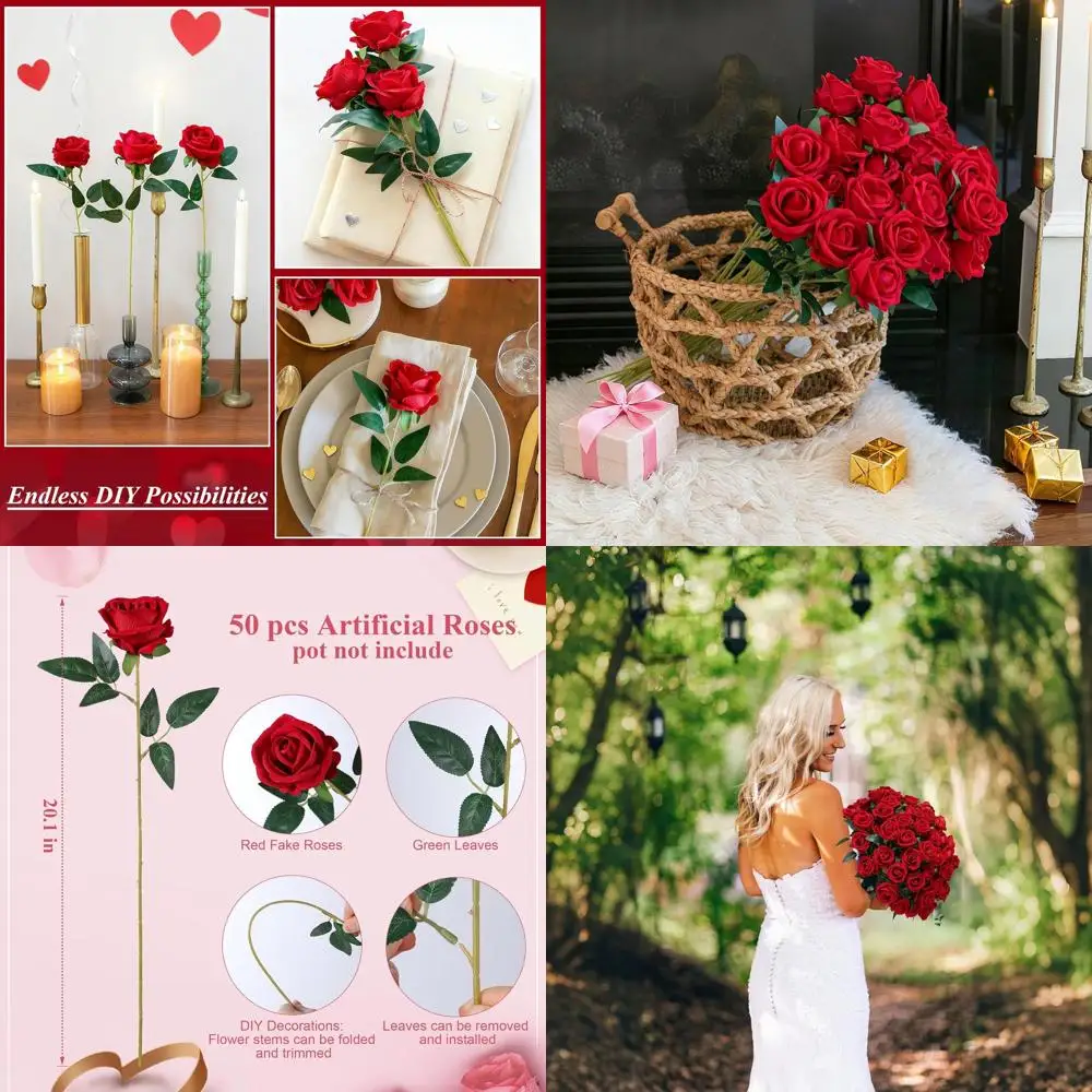

50 стеблей искусственных красных роз премиум-класса для свадеб, букетов своими руками и домашнего декора