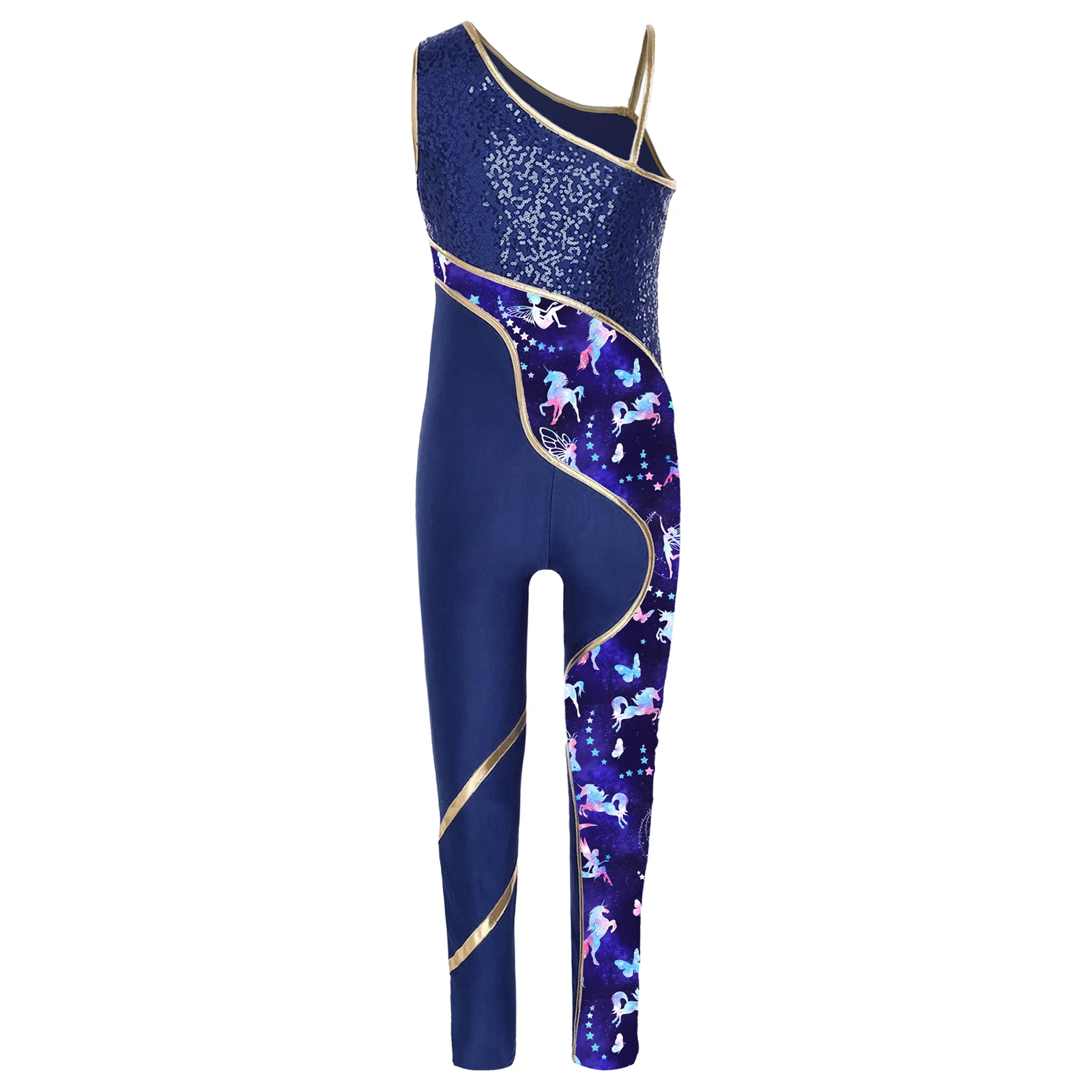 Girls Sleeveless Gymnastic Jumpsuit Shiny Sequins Print Full Length Leotard Bodysuit Ballet Dance Unitard Skating Yoga Workouts