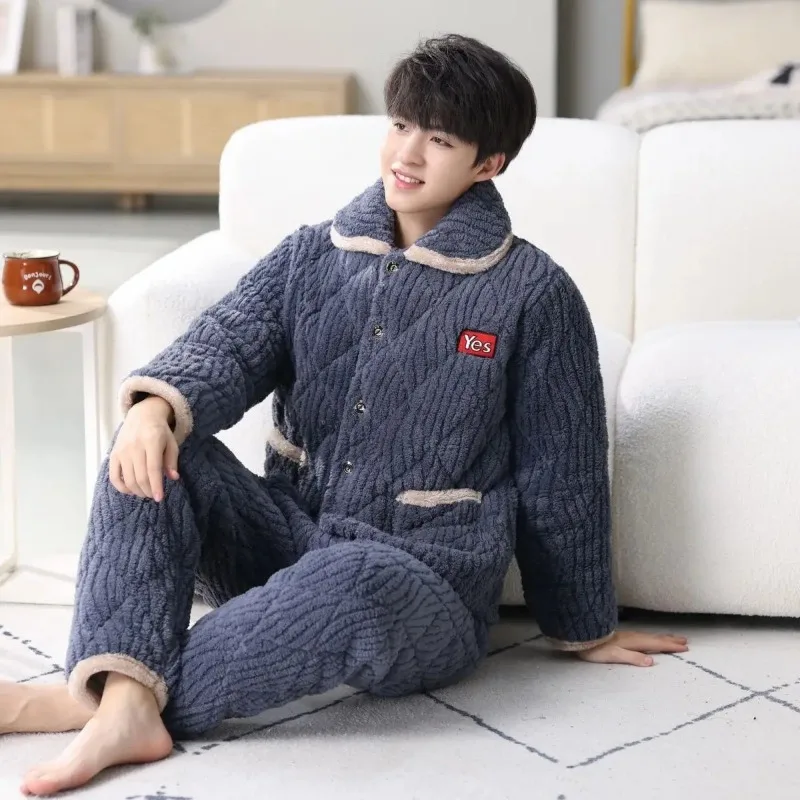 Pyjamas Couples Winter Three Layers of Thick Fleece Men Women Sleepwear Warm Flannel Pajamas Home Suit Plus Velvet Nightdress