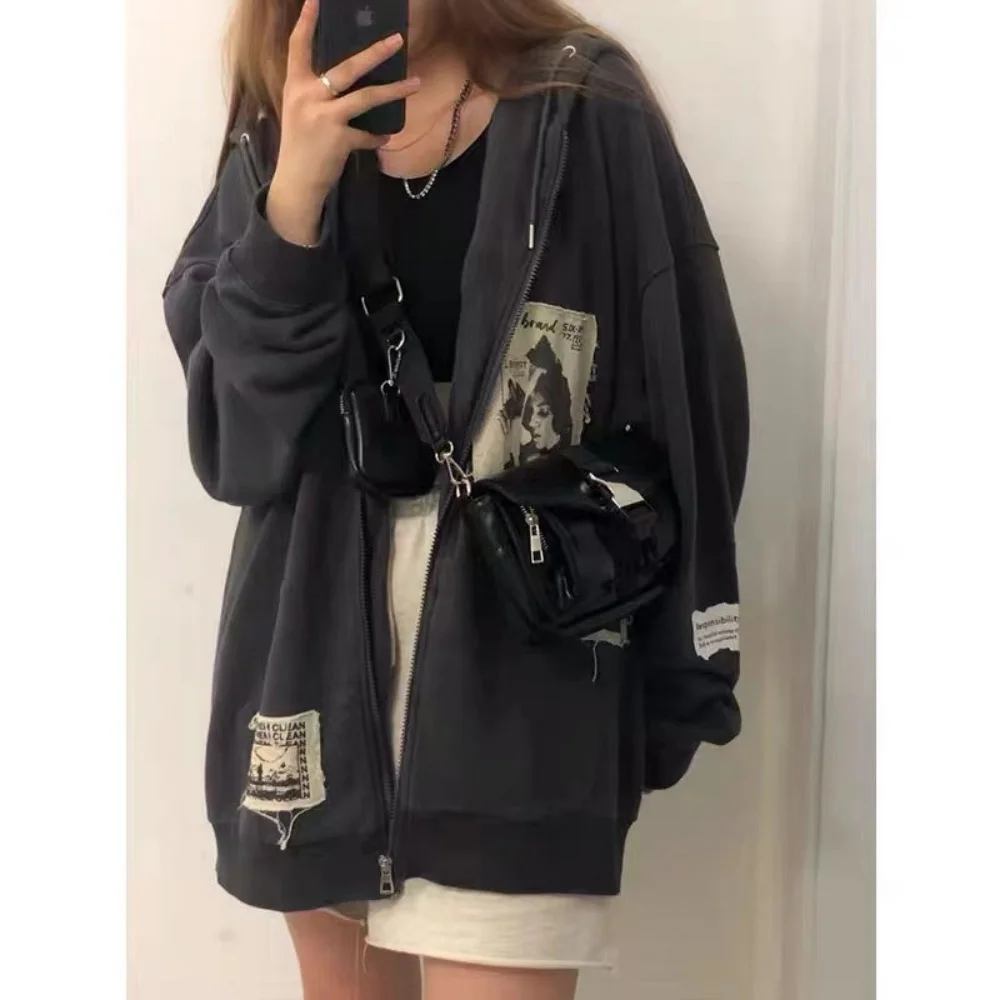 Cartoon Print HoodiesAutumn Lined New Style Zippered Niche American Retro Hooded Open Cardigan Sweatshirt for Women Loose