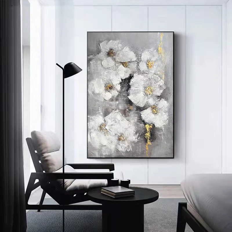 

White Flowers on Canvas Abstract Oil Painting Poster Hand Painted Canvas Painting Living Room Decor Wall Art Picture Frameless