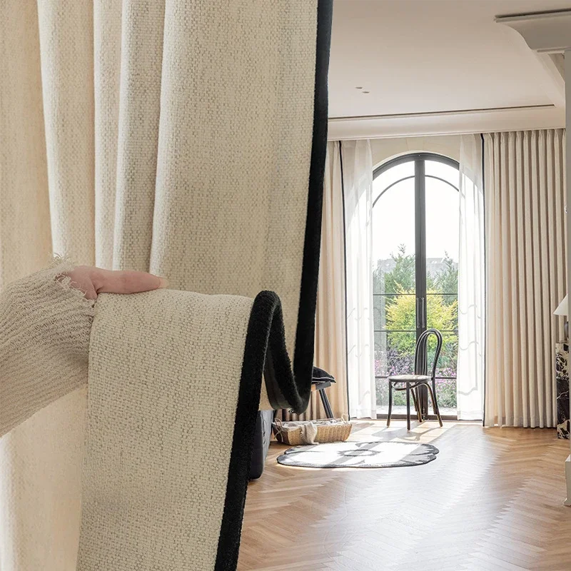 

New Chinese Jacquard Cotton Linen Curtains for Living Room Bedroom Mid-century Yarn-dyed Chenille Thickened Blackout Retro Cream