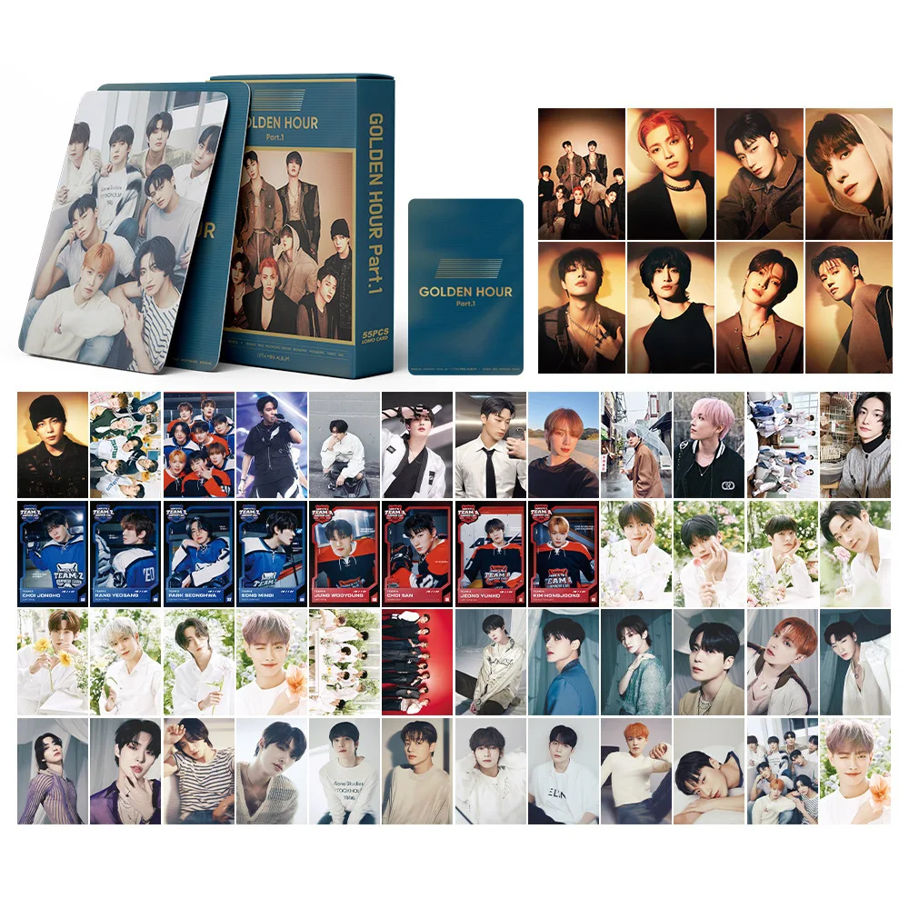 Kpop ATEEZ 11th Mini Album GOLDEN HOUR Photocard 55pcs/Set Mingi Yeosang Double Sides Printing Korean Style LOMO Card Fan Gift