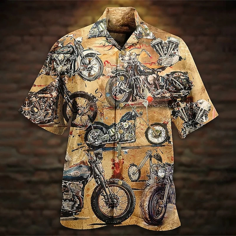 Breathable retro car print shirt Men\'s Hawaiian button shirt Men\'s seaside casual lapel short sleeved shirt Summer fashion shirt