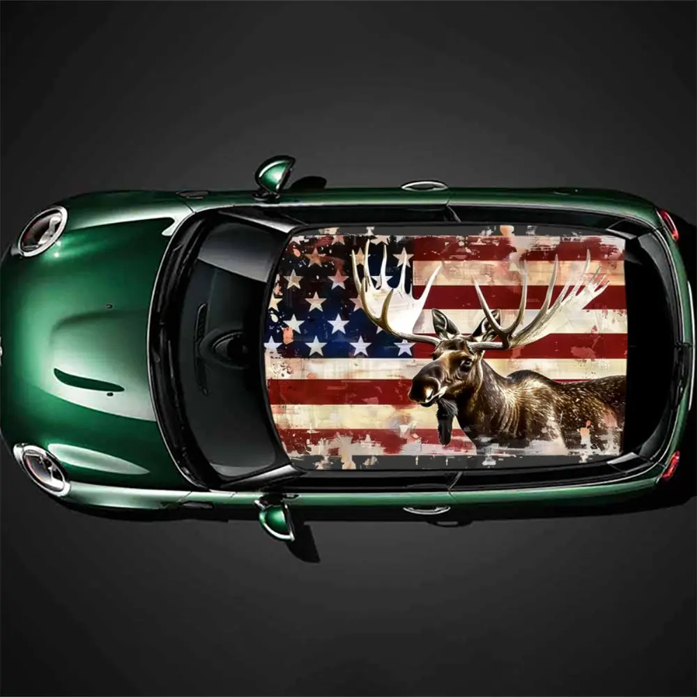 Deer and American Flag Car Roof Sticker Wrap Racing SUV Auto Accessories Packaging PVC Car Hood Graphic Decal Decor Gift for Dad