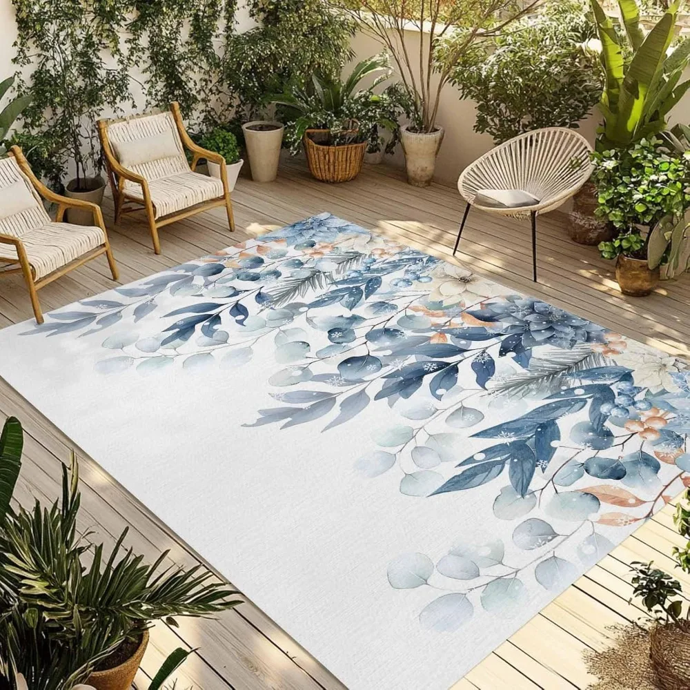 

Рождественский уличный ковер с листьями эвкалипта, 6x9 футов, нескользящий ковер, коврики для патио, зимние акварельные цветы, моющиеся