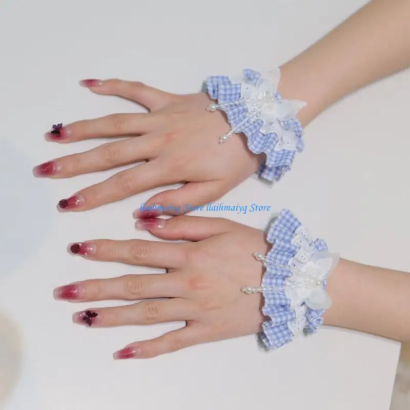 573B Fashion Lace Wrist Sleeves Ruffle Cuffs With Bowknot Checker Pattern Photo Props