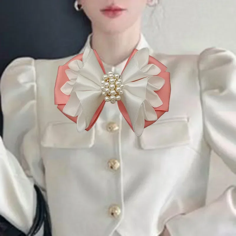 Korean Women's Shirt Bow Tie Original Design Handmade Jewelry Gifts British Suit Accessories Fashion Pearl Crystal Collar Flower