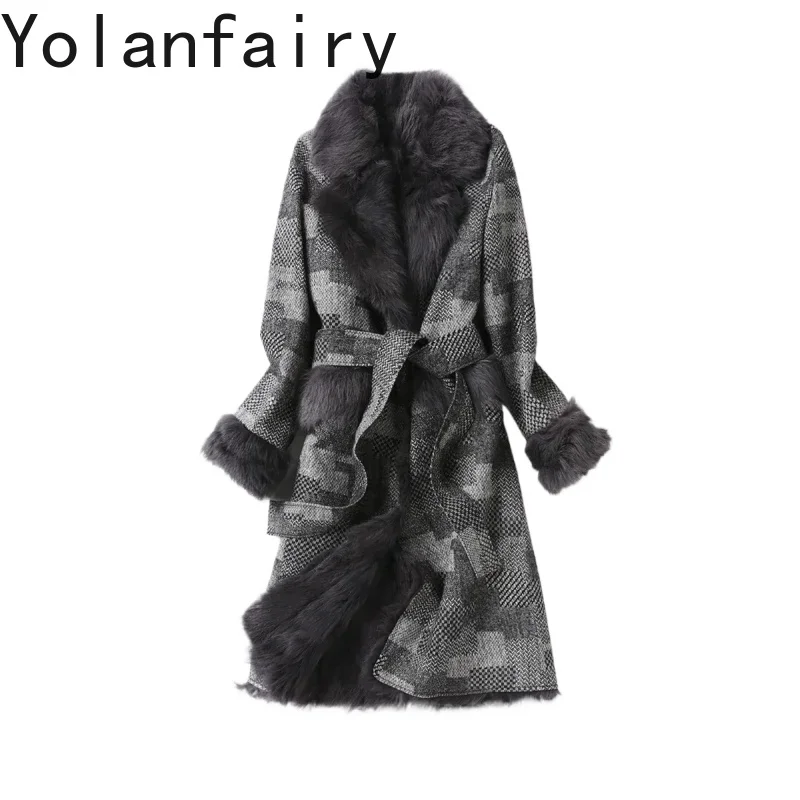 Luxury Women\'s Fur Coats Natural Sheep Fur Liner Woolen Coat Female Long Plaid Warm Winter Jacket Women 100% Wool Parka Top 1016