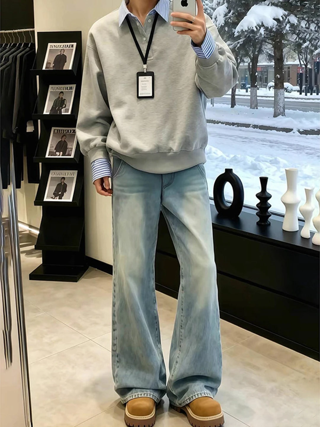 

American High Street Vibe Men's Jeans Autumn Winter Washed Knife Clean Fit Slim Straight Leg Micro Flared Pants