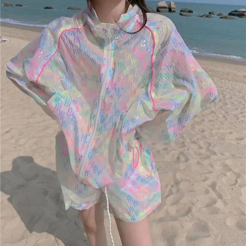 Casual Fashion Sunscreen Suit 2024 Summer New Long Sleeve Cardigan Coat Elastic Waist Wide-leg Shorts Two-piece Sets Women Trend