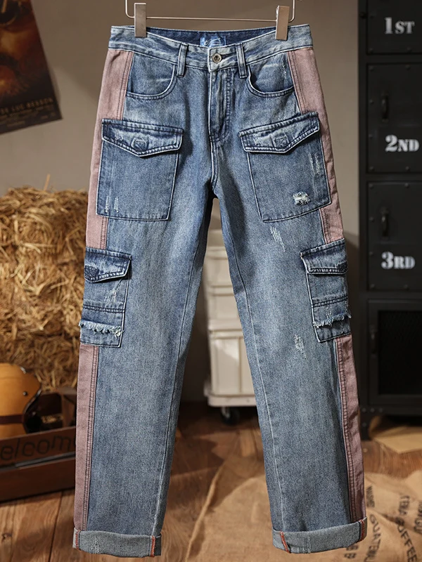 

Color Blo Contrast Loose Straight Leg Men's Jeans Spring Autumn Workwear Sle Multiple kets High Street Faion