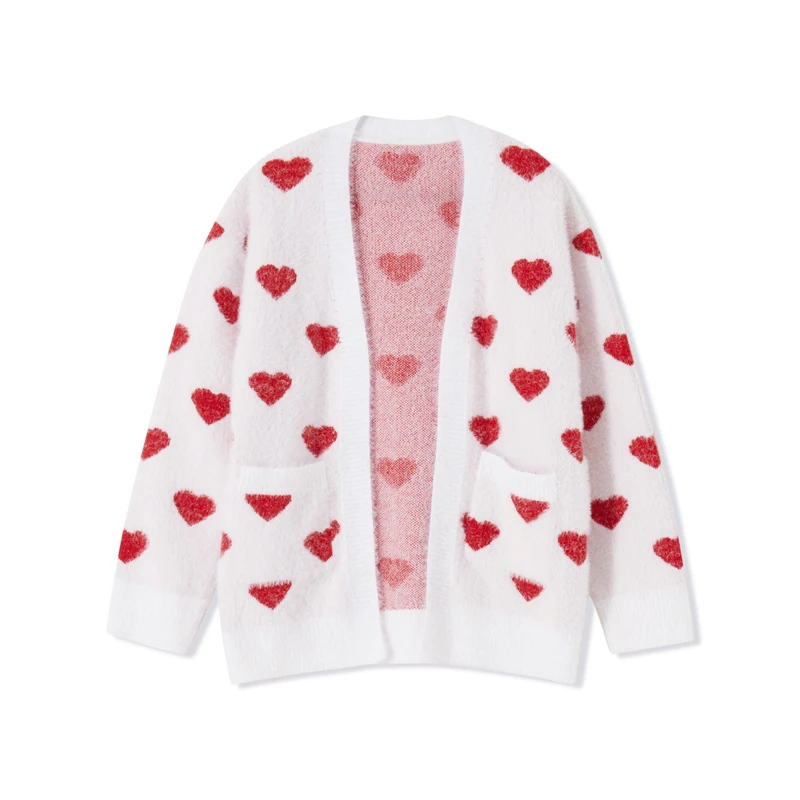 Mother and Daughter Cardigan Tops, Family Matching Long Sleeve Open Front Heart Sweater Coat with Pockets