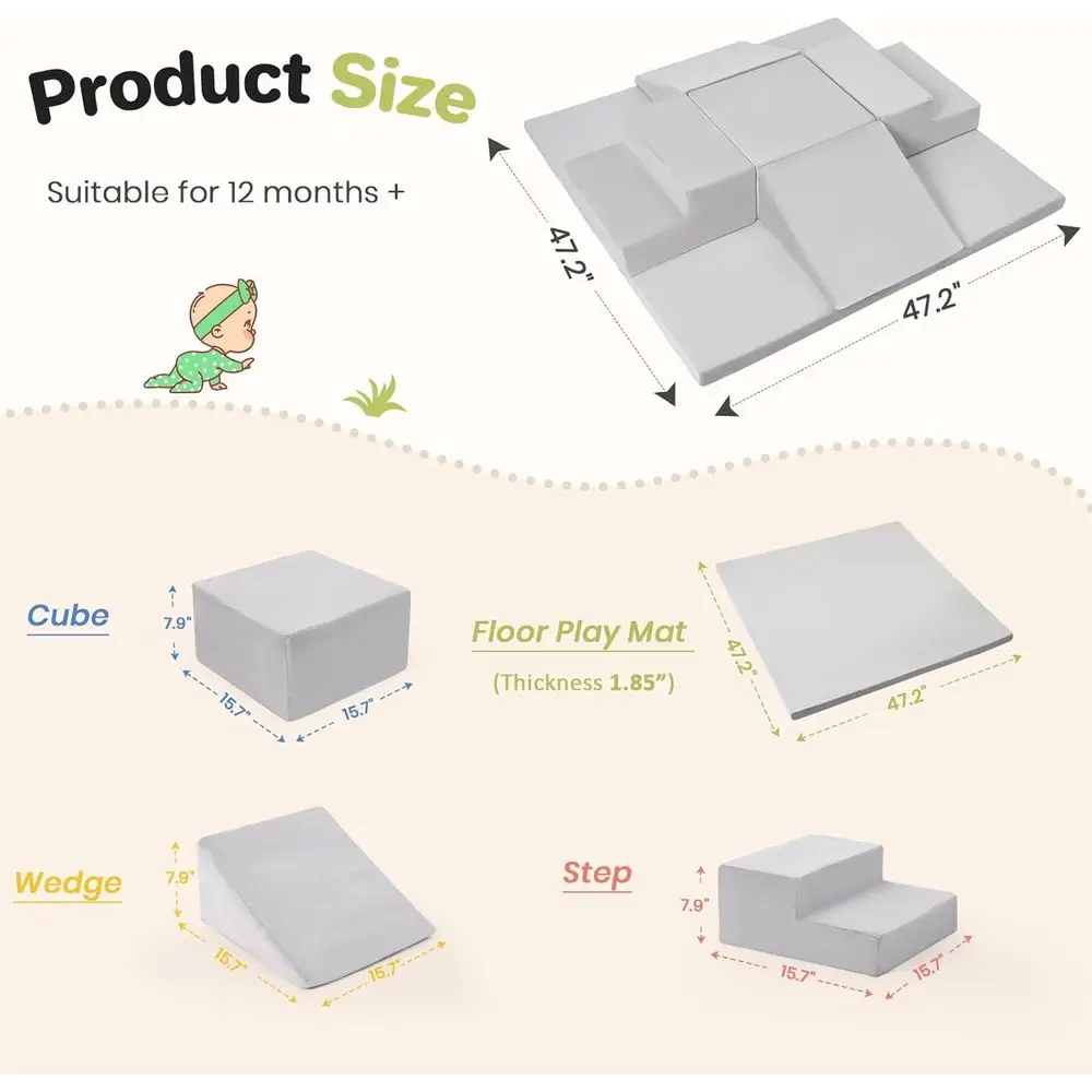 Zestaw piankowych klocków do wspinaczki dla maluchów, 6-elementowy centrum zabaw z matą o wymiarach 120x120 cm, zmywalny pokrowiec, odpowiedni dla dzieci w wieku 1-3 lat (szary)