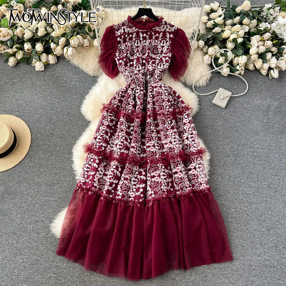 TWOTWINSTYLE Embroidery Patchwork Mesh Dresses For Women Stand Collar Short Sleeve High Waist Elegant Dress Female New KDR517666