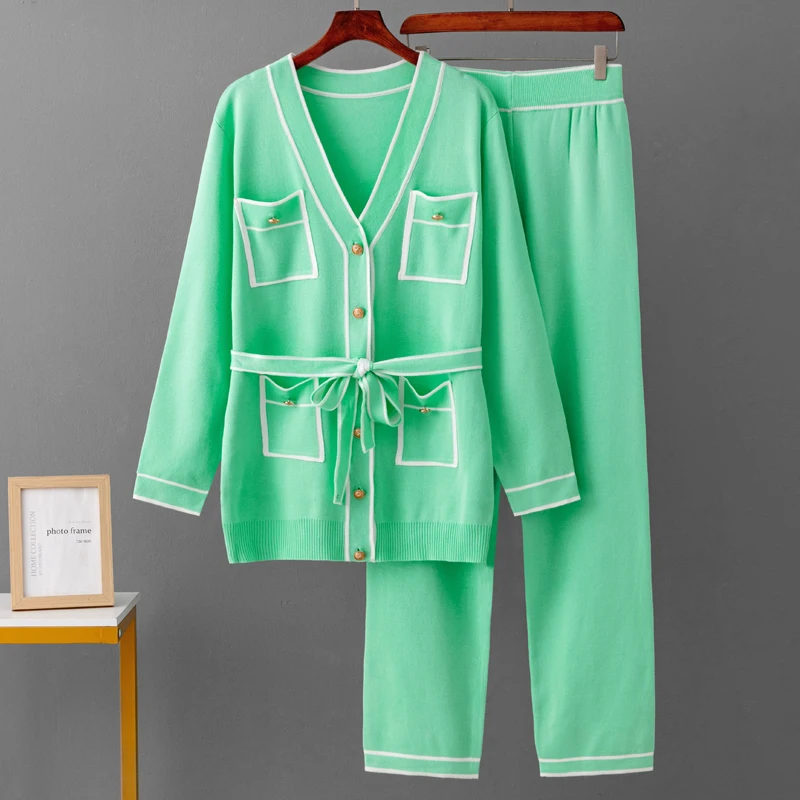 HLBCBG Office Lady Sweater Two Pieces Sets Ladies Long Sleeve Knit Cardigan+Wide Leg Long Pant Sets Women OL Loose Knitted Suits