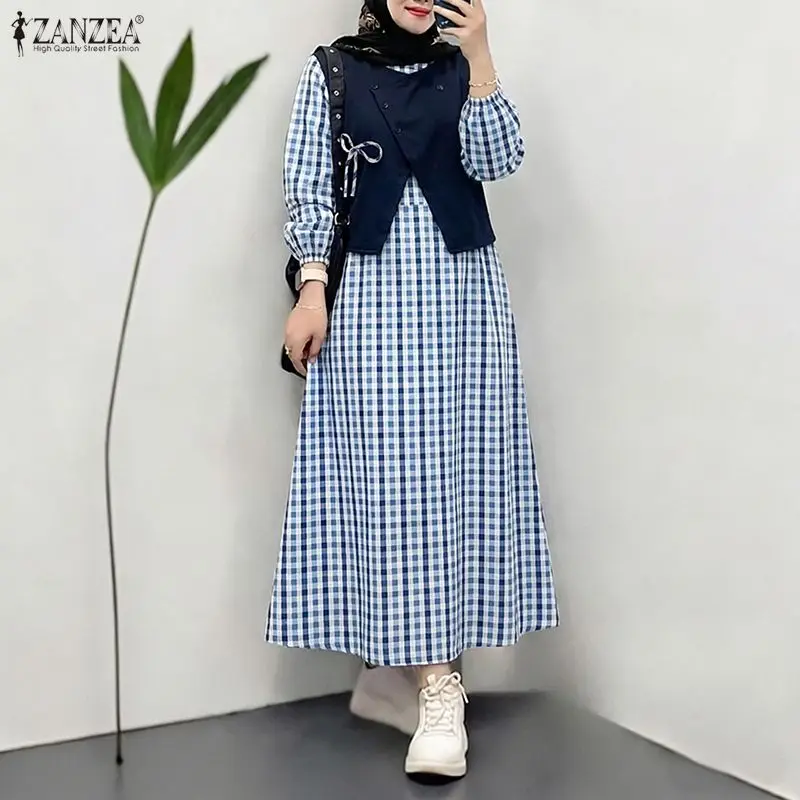 

2026 ZANZEA Women Patchwork Muslim Dress Abaya Vintage O Neck Long Sleeve Plaid Sundress Casual Kaftan Robe IsIamic Clothing