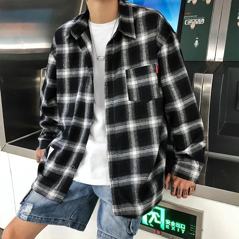 Harajuku Plaid Shirts Men\'s Spring Summer High Quality Casual Flannel Men Oversized Loose Retro Long-sleeved Shirts M-3XL