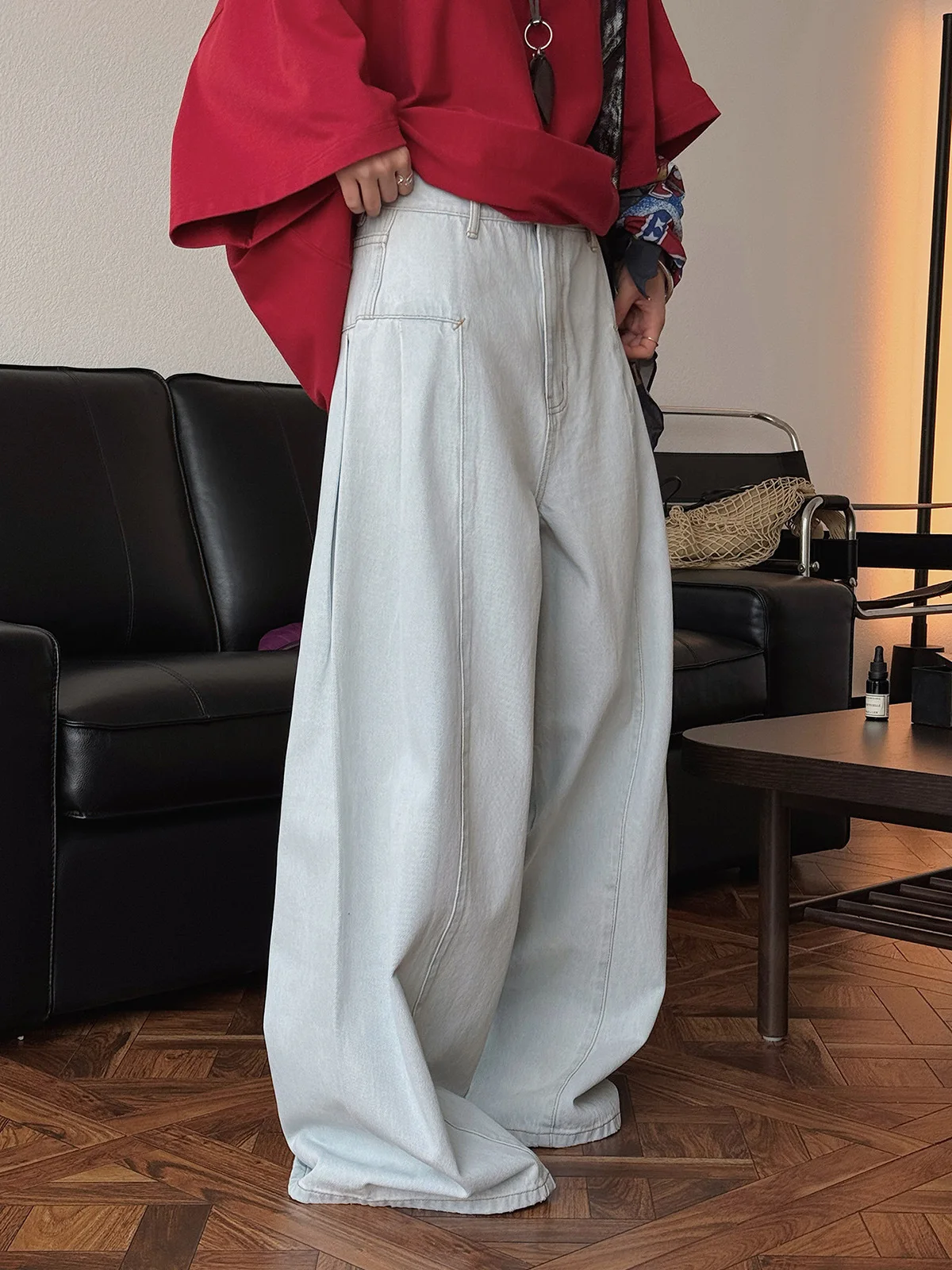 春と秋のレディースカジュアルソリッドカラーハイウエストルーズワイドレッグジーンズ