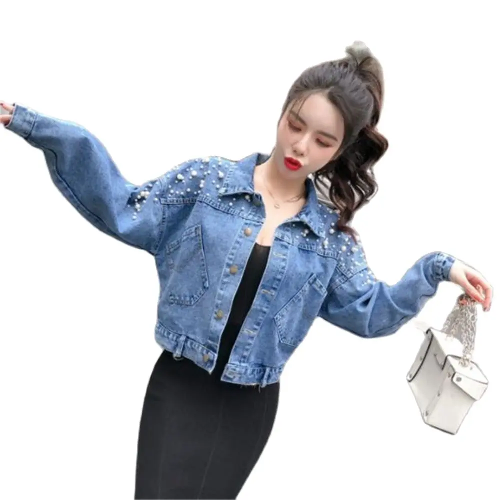 Spring Loose Jean Outerwear Women Autumn Winter Long Sleeve Jeans Coats Korean Beading Joker Womens Ins Short Denim Jackets 2xL