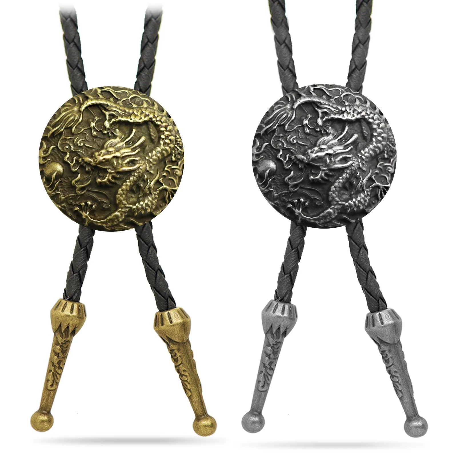 Western Bolo Tie Necklace Ethnic Style Chinese Dragon Pendant Leather Rope Necktie for Women Men Cowboy Jewelry Accessories Gift