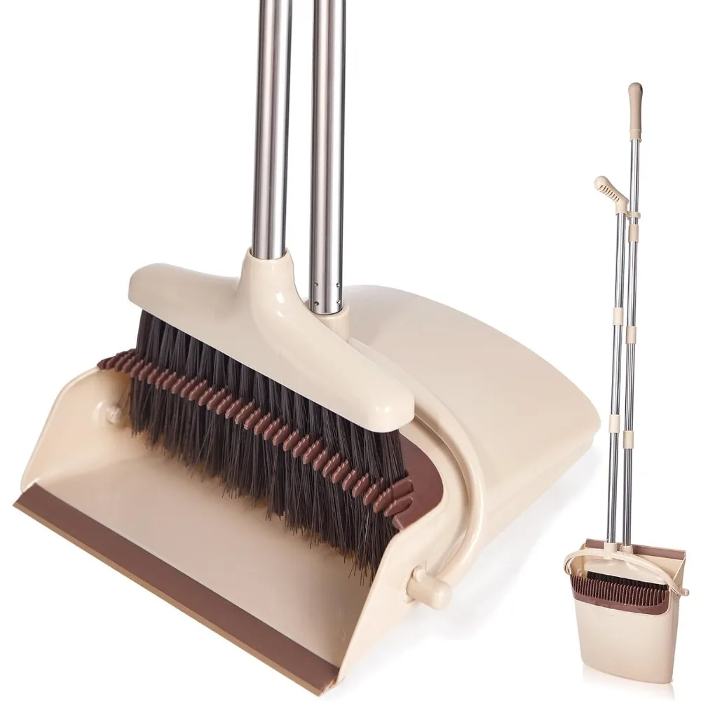

Broom & Dustpan Set with Long Stainless Steel Handle, Lightweight Upright Stand, Ideal for Home Kitchen Office Pet Hair Cleaning