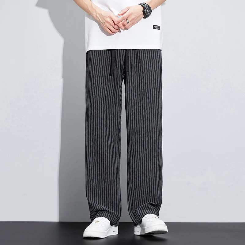 Spring Summer Stripe Casual Pants Men Wear Loose Straight Wide Leg Drawstring Elastic Waist Pant Jogger Trousers Male Streetwear