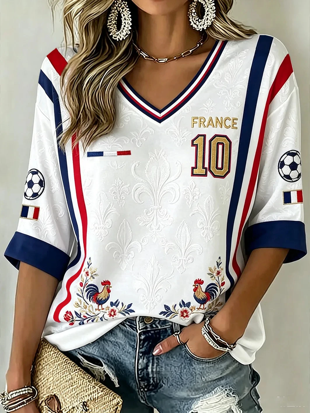 T-shirt pour femme à manches mi-longues et col en V, imprimé motif caractéristique français, style décontracté, T-shirt culturel football français
