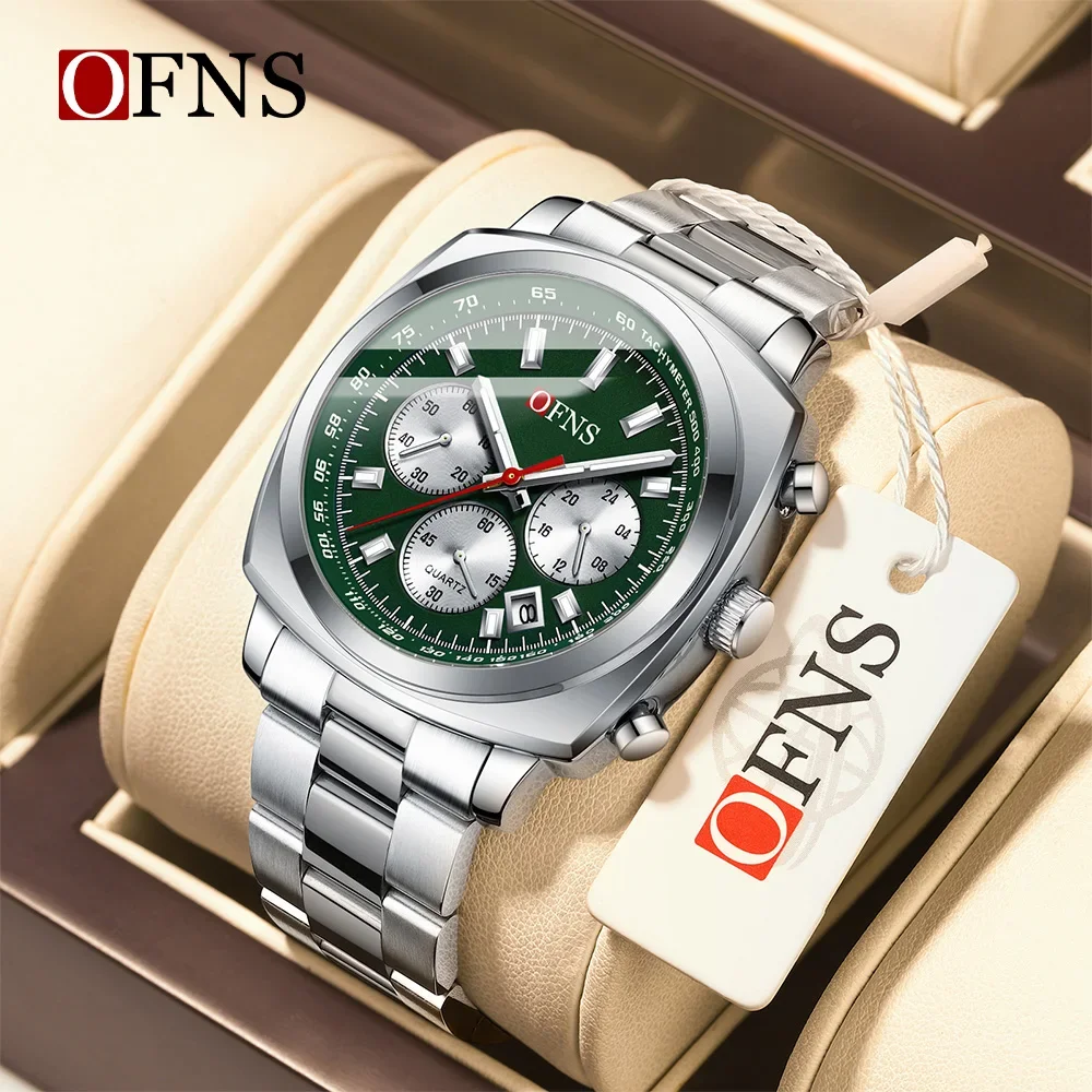 

OFNS Brand 1601 New Men's Quartz Watch Steel Band Calendar Business Six Pin Three Eye Timing Waterproof Men's Quartz Watch