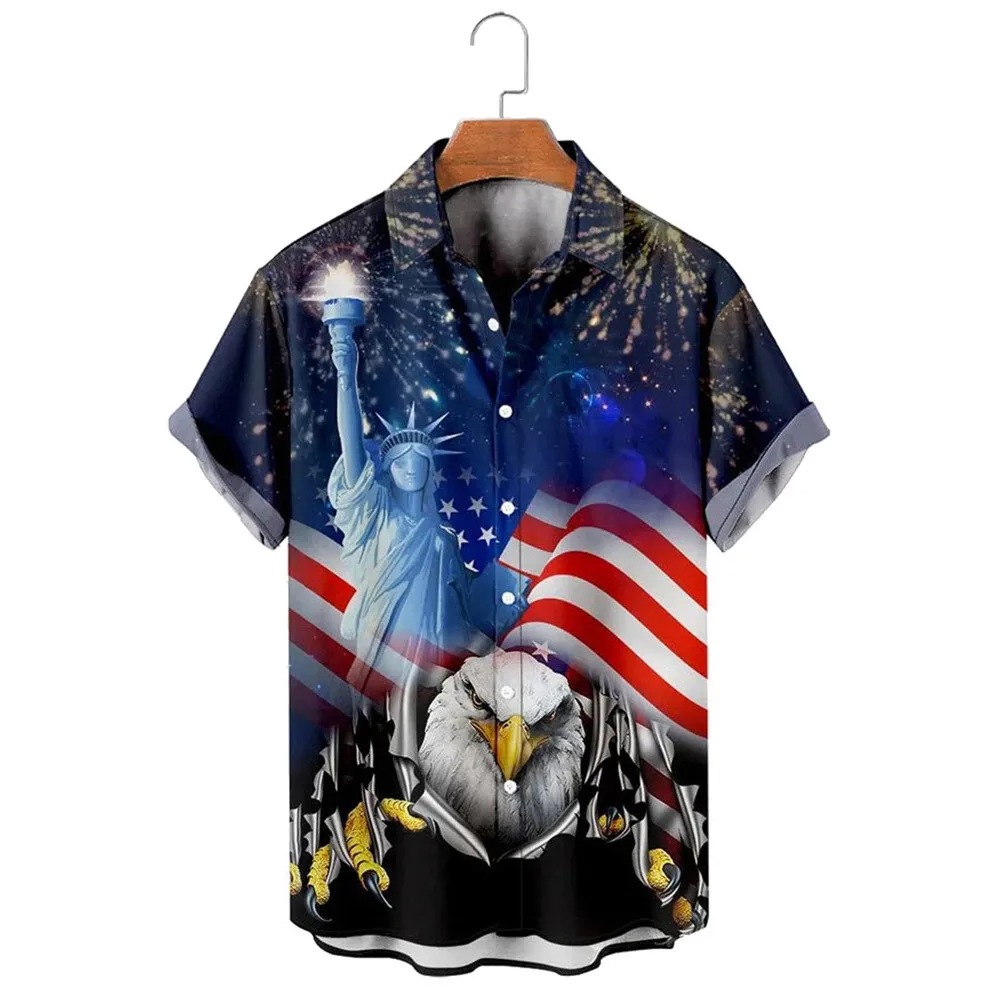 

HX Men's Shirts American Independence Day Eagle Statue of Liberty Printed Shirts 3D Graphic Beach Shirt Dropshipping