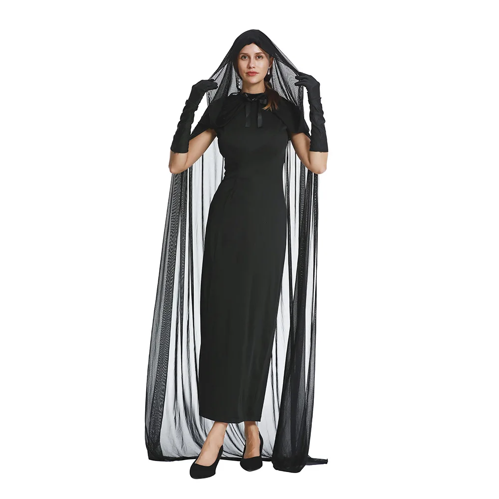 Disfraz de juego de Cosplay de vampiro, Cosplay de Horror, demonio, fantasma, novia, vestido Maxi de gasa negra, capa de bruja de Halloween, velo de bruja Medieval, cuatro piezas