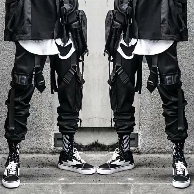 Klasik Streetwear Hip Hop JOGGER pria huruf pita kargo celana saku melacak Taktis kasual pria celana Sweatpant K102