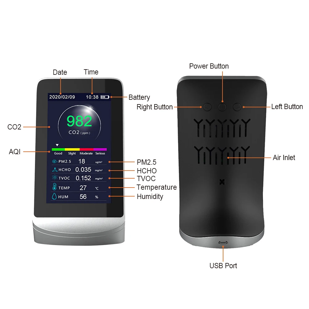 Descarga de exportación de datos Medidor PM2.5 Detector de gas Monitor infrarrojo de CO2 Medidor de calidad del aire multifunción