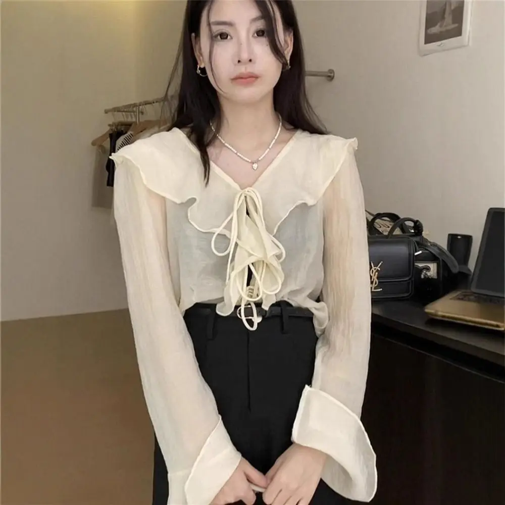

2025 г. Женские блузки с рюшами и v-образным вырезом, элегантное пальто, тонкая женская весенняя рубашка