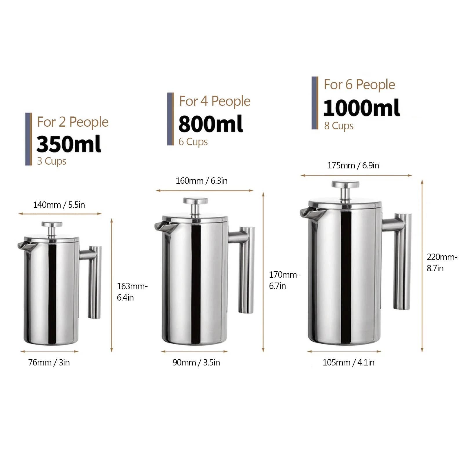 Pembuat kopi French Press 350/800/1000ml, Mesin kopi Stainless Steel 304, panci pembuat bir Kopi & Teh terisolasi ganda untuk rumah