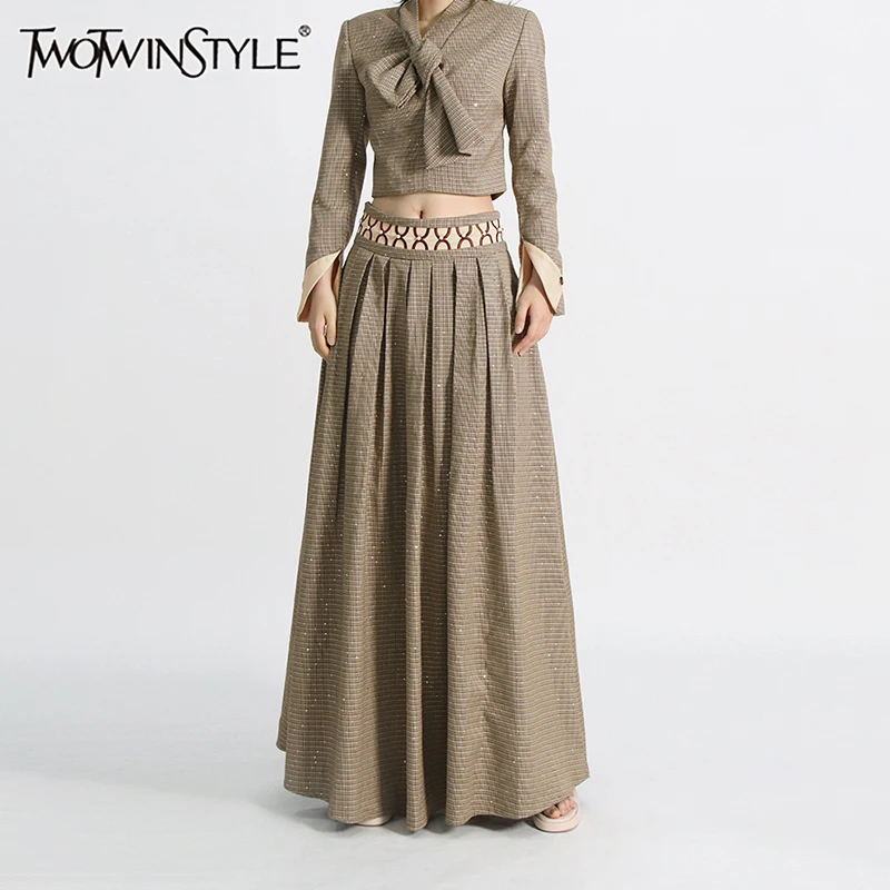 TWOTWINSTYLE Elegant Two Piece Set For Women Stand Collar Long Sleeve Spliced Bowknot Top High Waist Skirt Slimming Sets Female