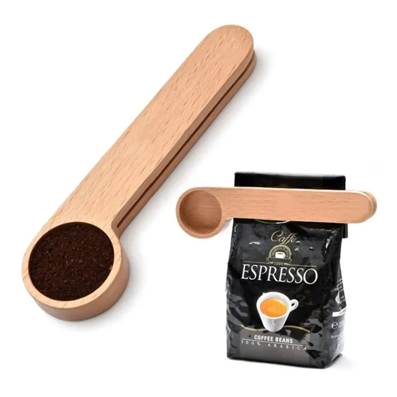 50pcs 16cm 2 in 1 Wooden Coffee Scoop and Bag Clip Solid Beech Wood Measuring Spoon Coffee Bags Sealer Suitable for Ground Beans