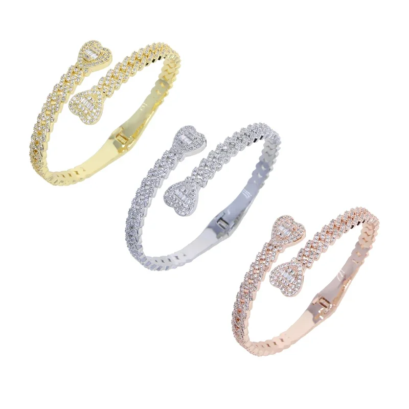 Iced Out Cuff Bangle Paved Setting Bling Cz Cubic Zirconia Wrist Cuban Chain Link Bransoletki Moda Hip Hop Biżuteria dla kobiet — zdjęcie 5