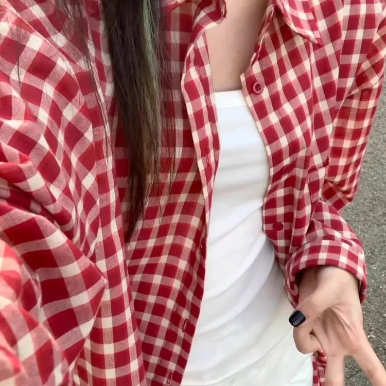 Retro American Red Plaid Long Sleeve Women's Shirt Early Spring Outerwear Summer Style Lazy Sun Protection Top Korean Version... 2