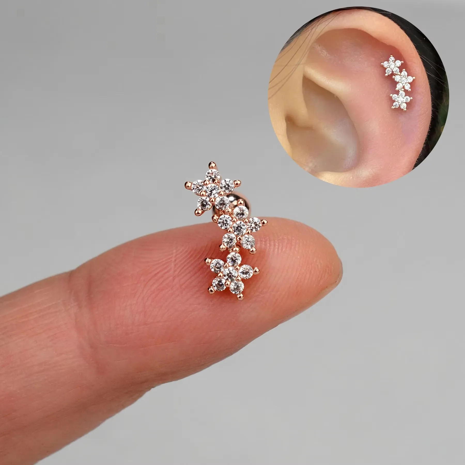 Curved CZ Cartilage Stud Moon Leaf Earring, Stainless Steel