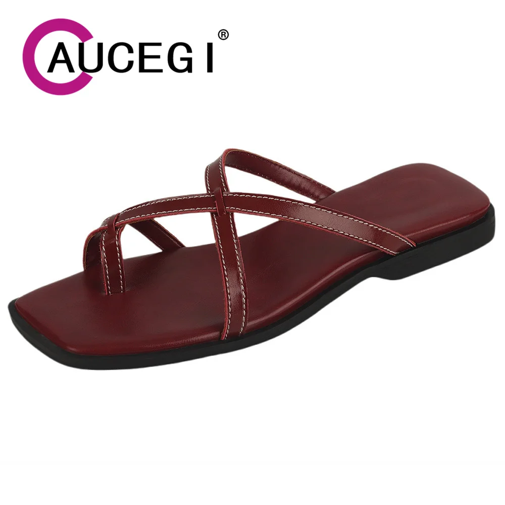

Aucegi/Новое поступление, элегантные сандалии, римские тапочки из натуральной кожи с квадратным открытым носком на плоской подошве, женская уличная повседневная обувь ручной работы