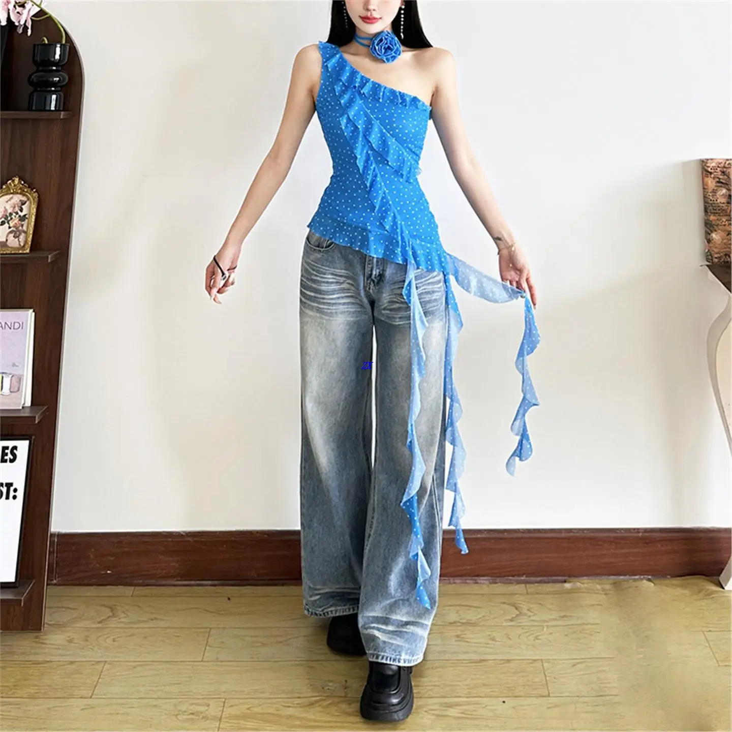 

Retro Polka Dot Summer Women's Top Asymmetrical Tassel BoderSingle oulderCross Border SleV Neort LENGTH Color Po...