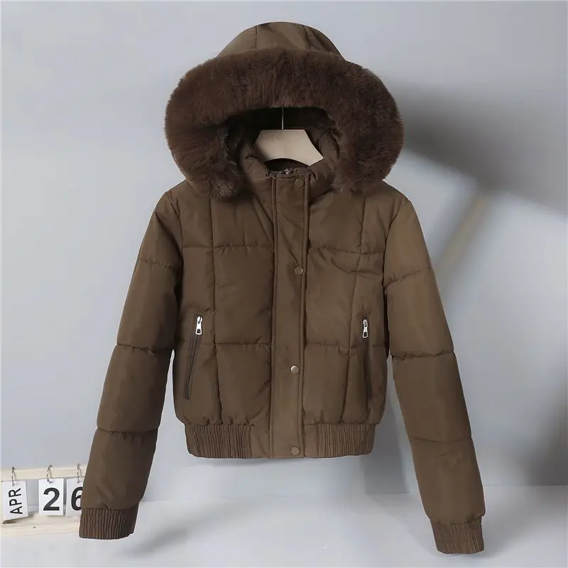 Moda inverno velo forrado quente recortado jaqueta feminina gola de pele com capuz casaco de algodão parka acolchoado manga longa à prova de vento outerwear