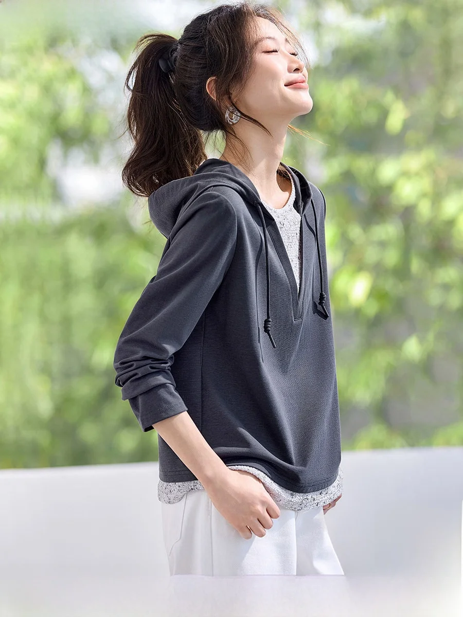 

Faionable Color Blo Hoodie Sweatirt Women's Spring New Arrival Print Dyed Splicing Design Dstring Casual Streetwear