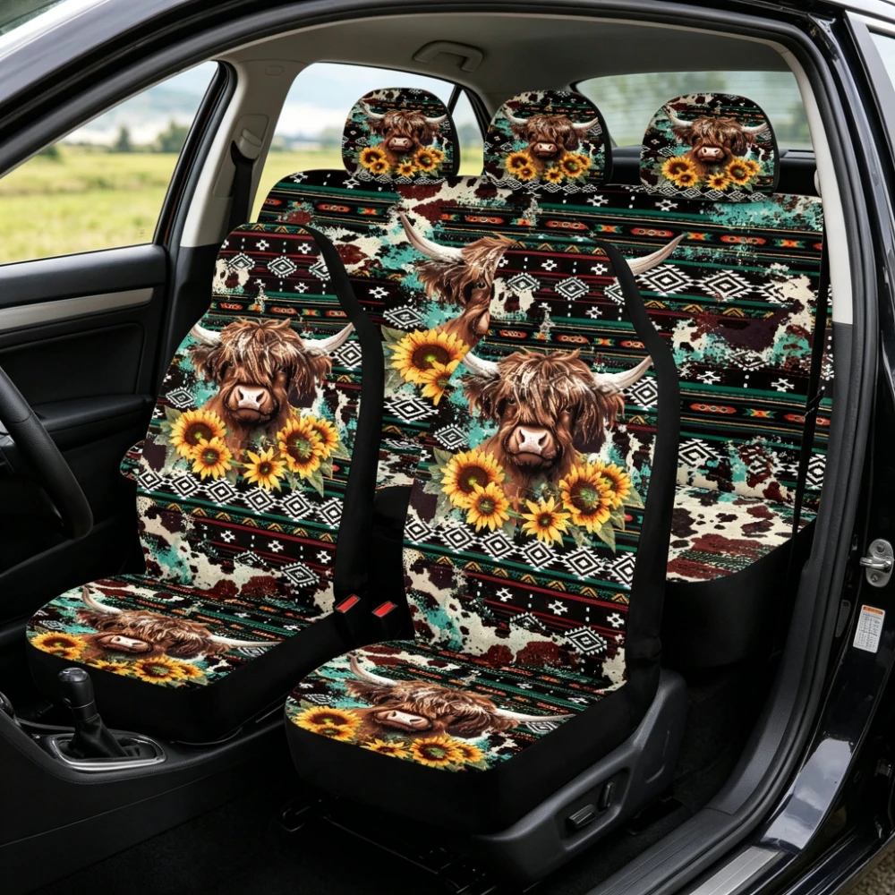 Western HighlCow Themed Car Seat Cover Set Fit Various Car Models Universal Car Seat Covers Fashion Versatile Soft Durable Inter